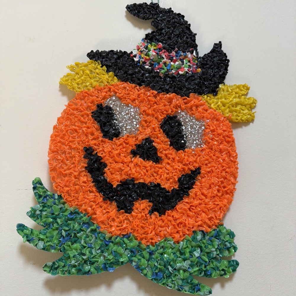 Vintage 16" Halloween Pumpkin Melted Plastic Popcorn Decor Jack O Lantern